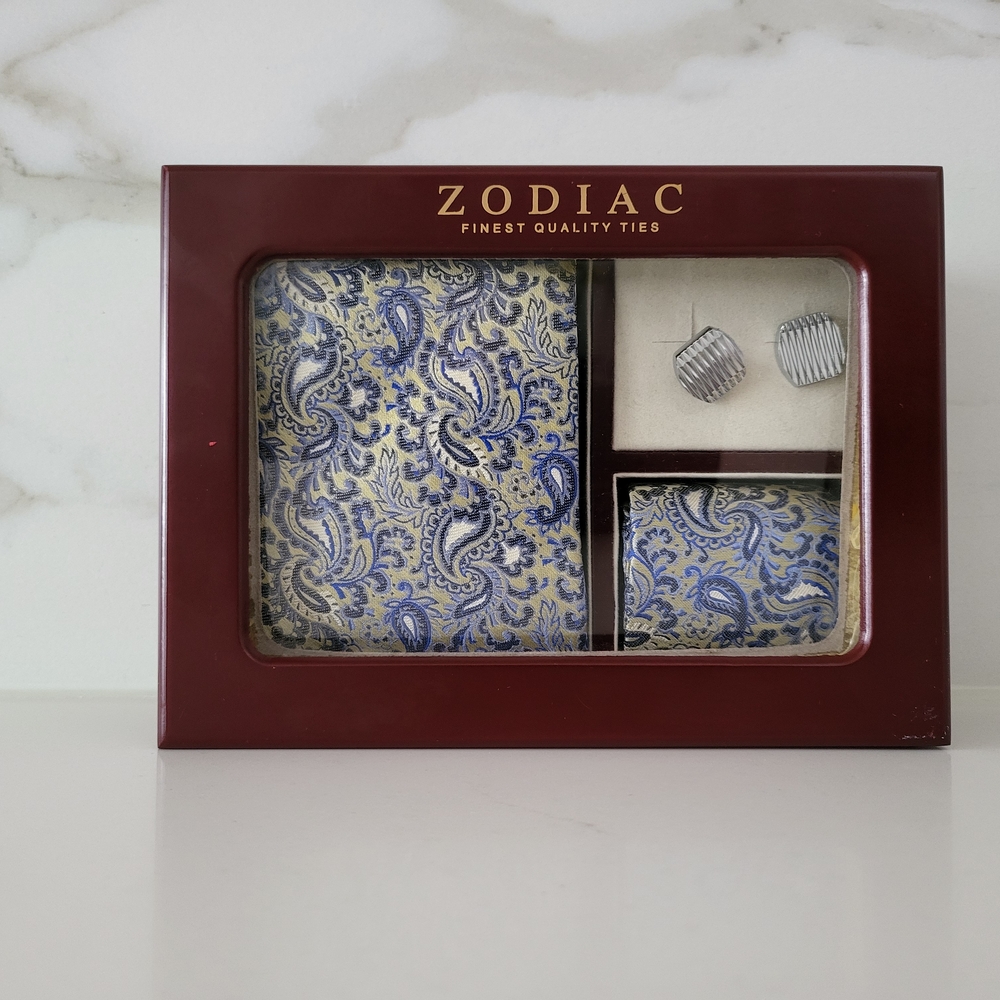 Zodiac Blue Paisley Neckie and Cufflink Set